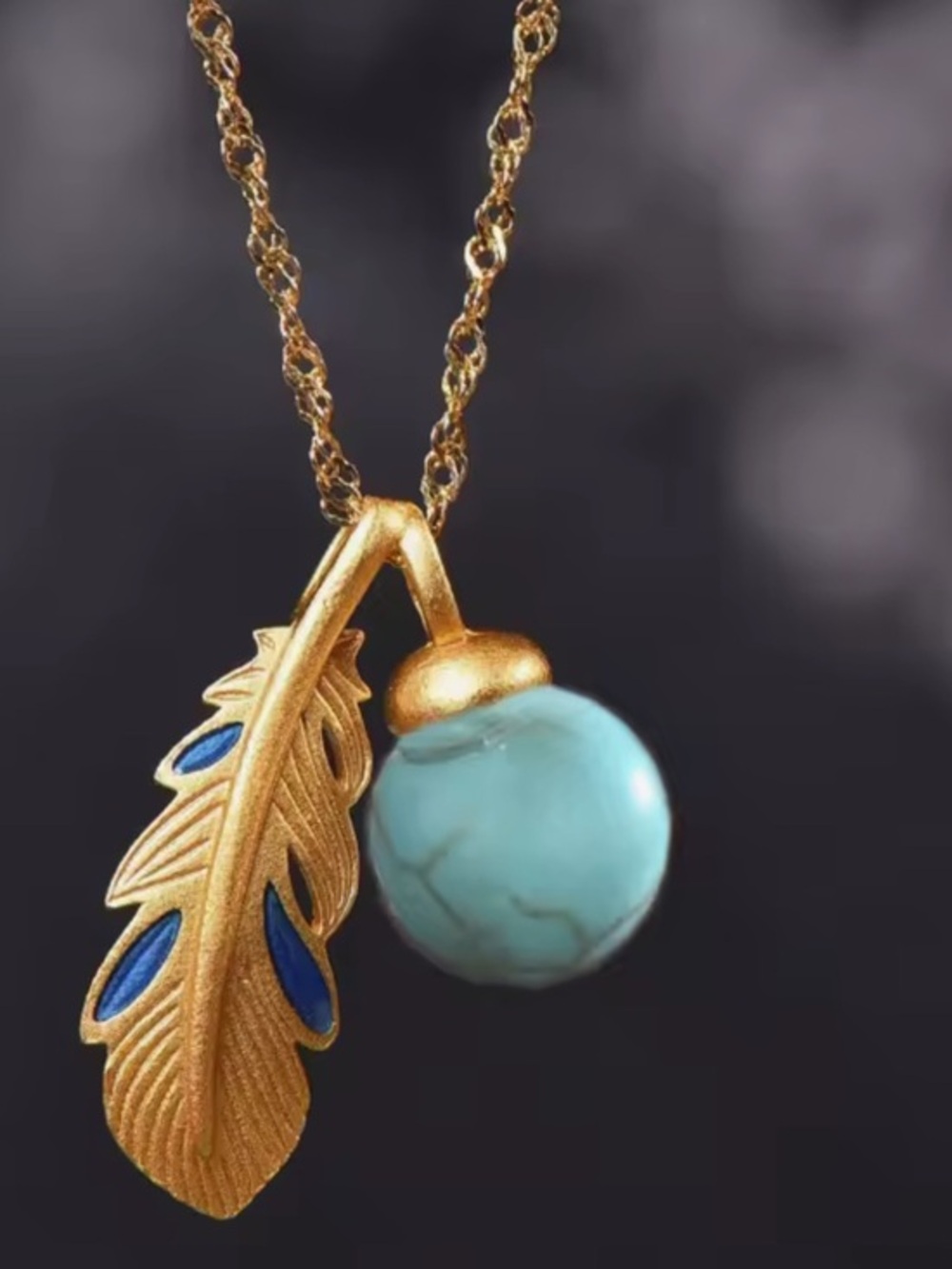 New Stamped Turquoise Feather Necklace, .925 18k Gold Overlay